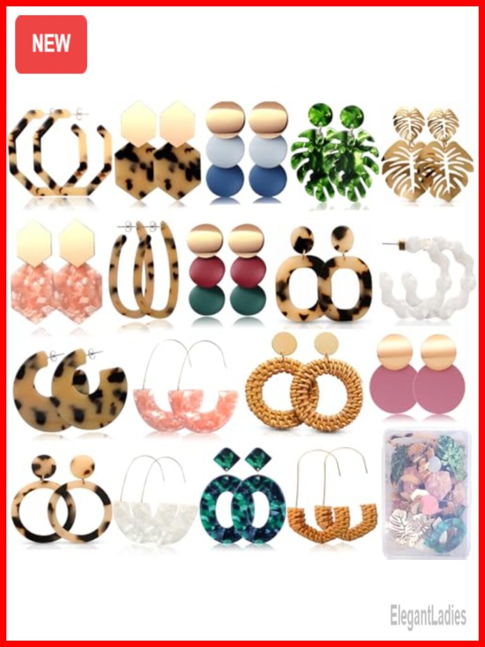 18 Pairs Statement Earrings Set Straw Rattan Acrylic Resin Hoop Drop Dangle